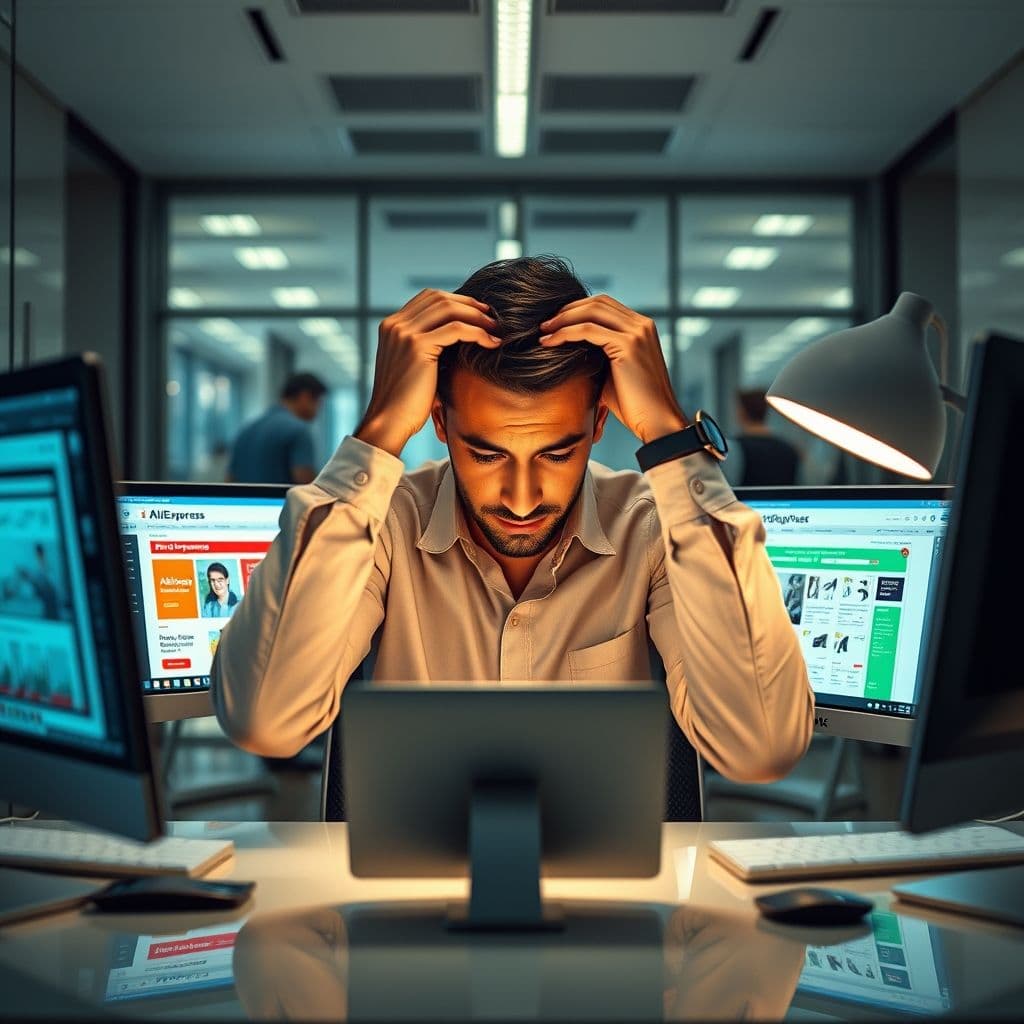 Frustrated beginner struggling with dropshipping setup on laptop