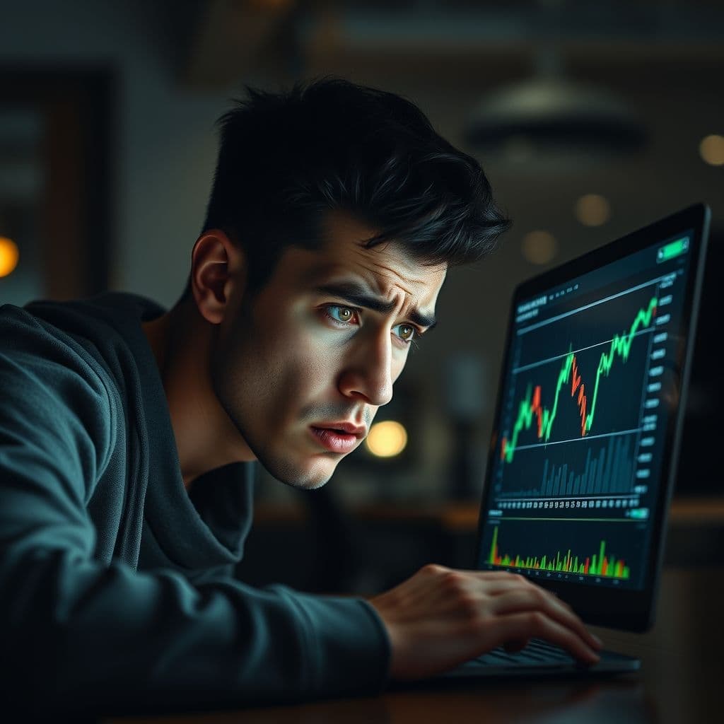 A frustrated beginner investor looking at a confusing stock market chart on a laptop.