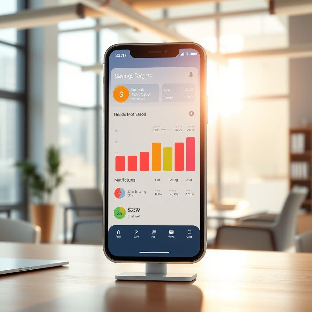 A mock-up of a gamified savings app dashboard with progress bars and rewards.