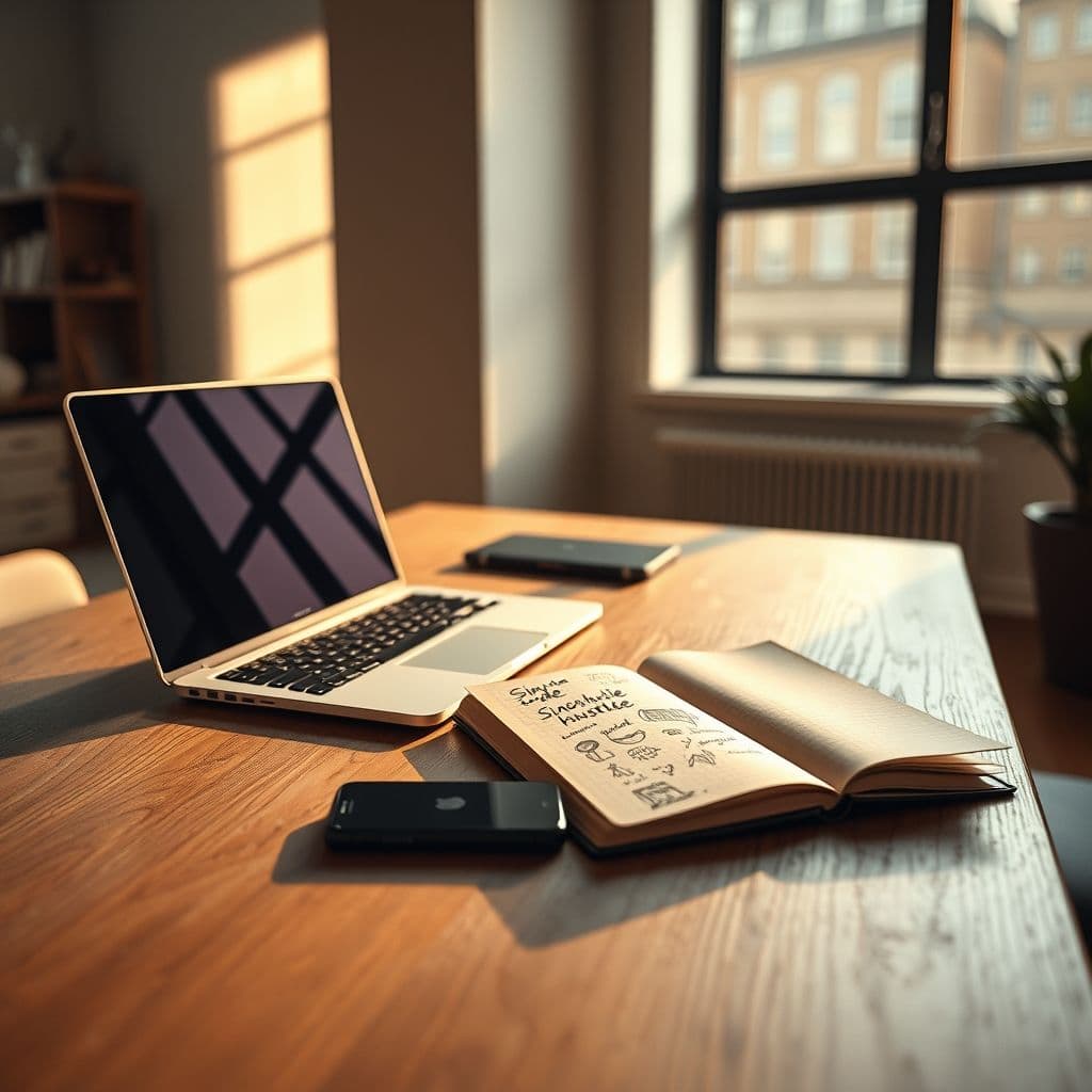 A busy entrepreneur managing multiple side hustles with a laptop and smartphone.