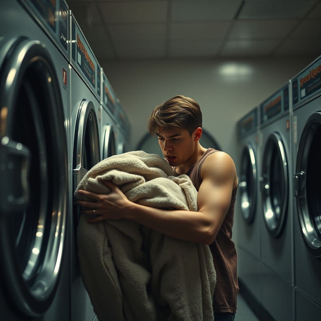 Frustrated person overloading a washing machine with blankets