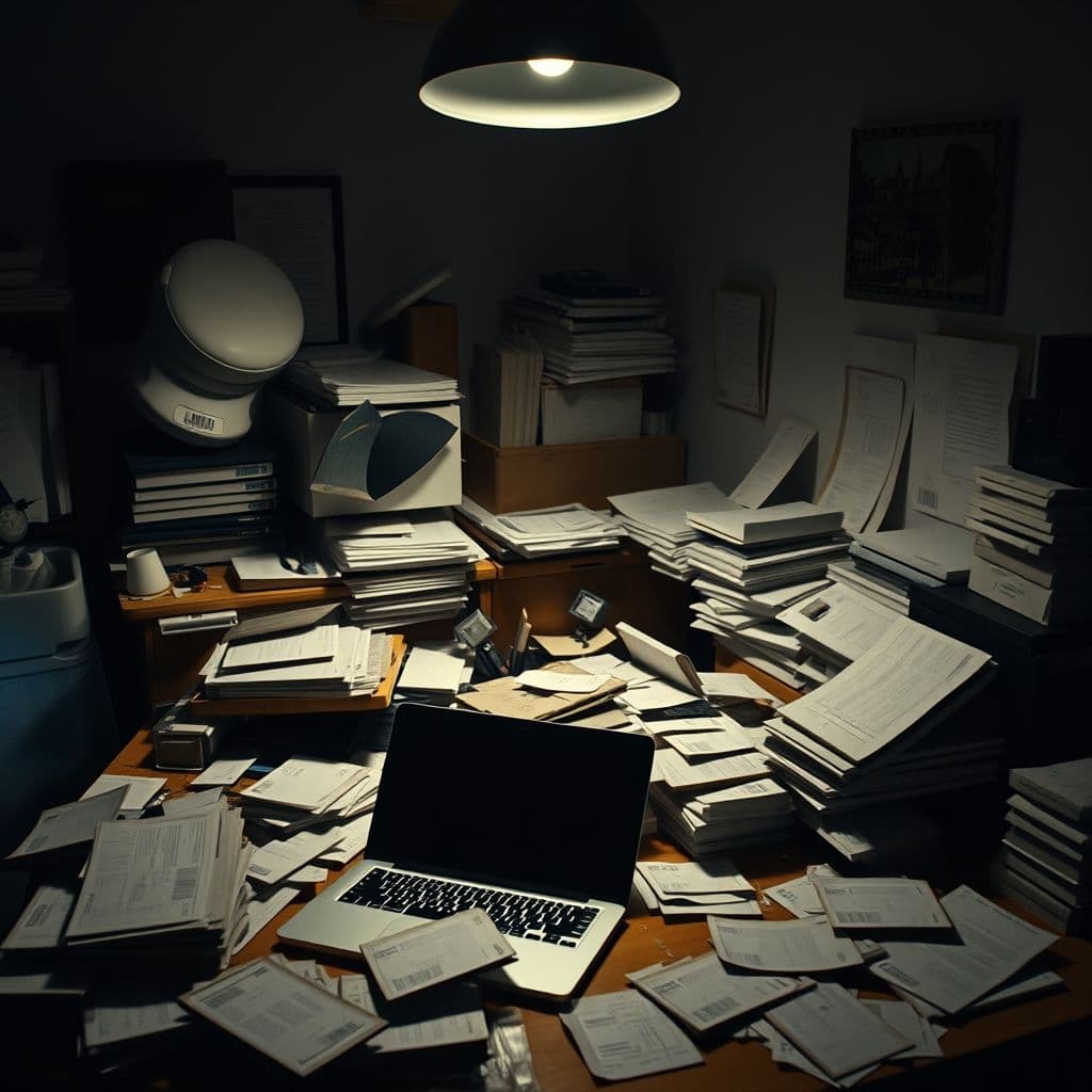 A cluttered workspace symbolizing the chaos of starting a reselling business.