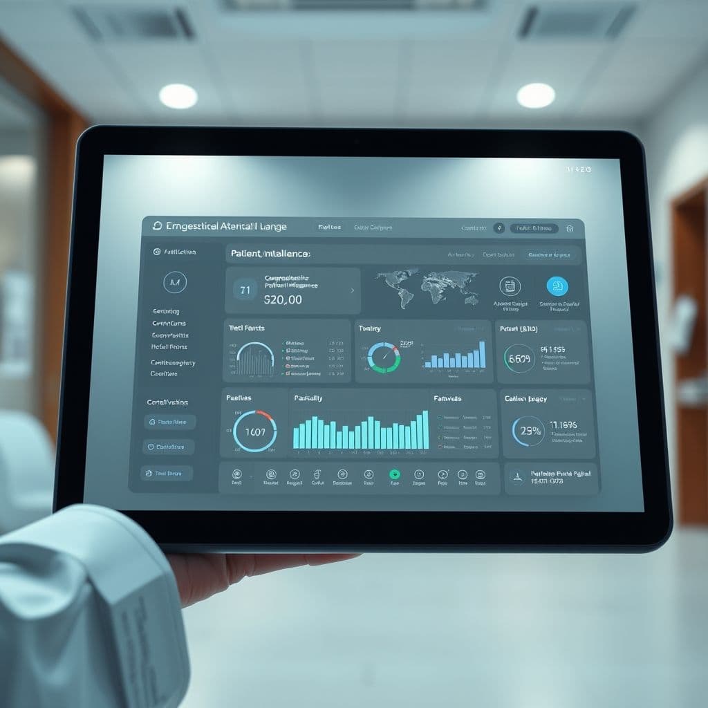A sleek dashboard of a medical AI platform on a doctor's tablet.