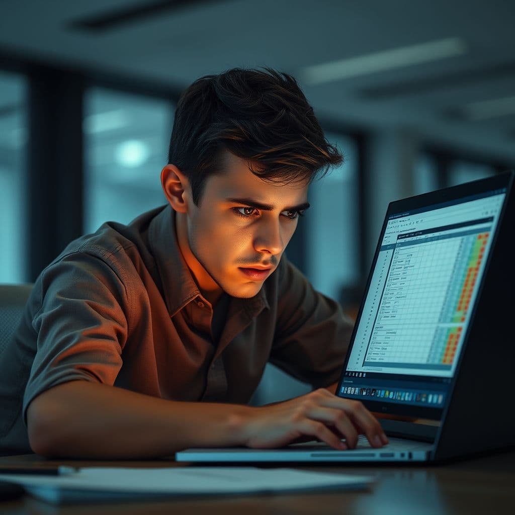 A frustrated person looking at a messy spreadsheet on their laptop.