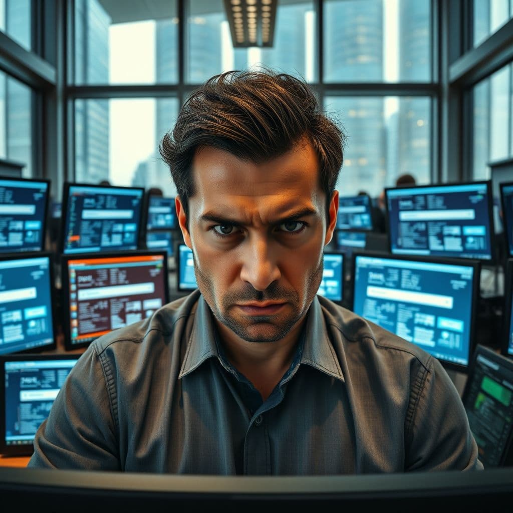 A business professional overwhelmed by multiple screens showing different client search methods.