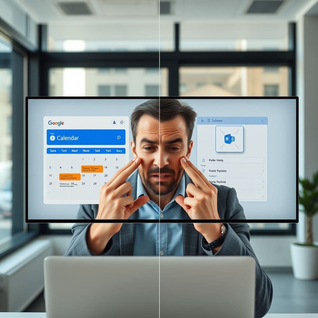 Side-by-side comparison of Google Calendar and Outlook interfaces with a frustrated user in the middle.