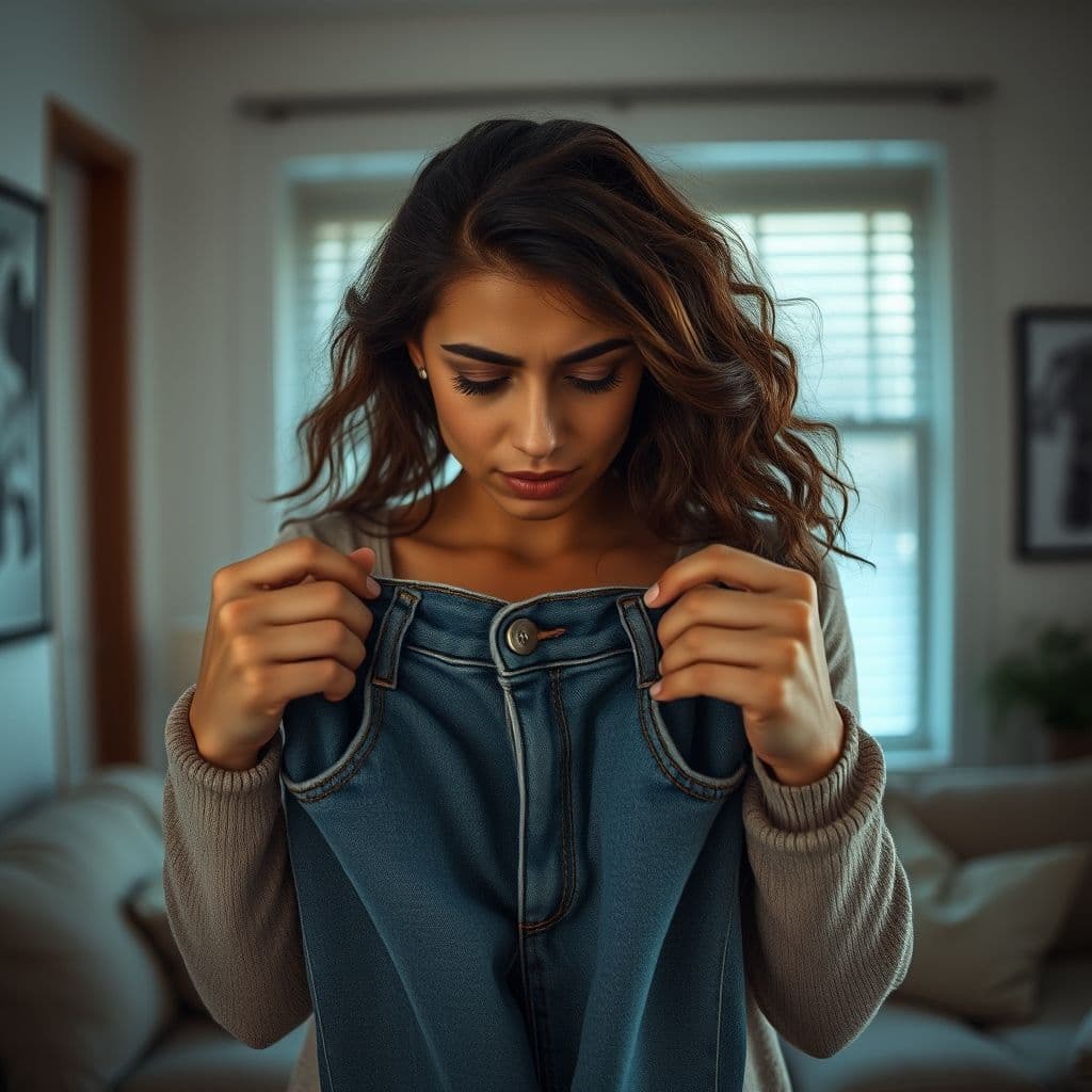 Frustrated woman trying on clothes that don't fit during weight loss journey.