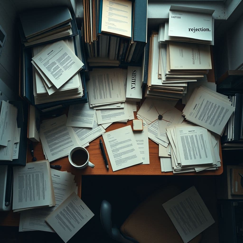 A pile of rejected grant applications and university letters on a desk.