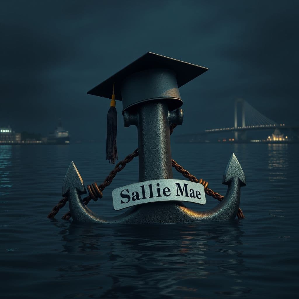 Visual metaphor of student debt as an anchor dragging down a graduate.