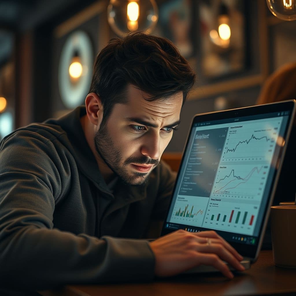 A frustrated entrepreneur staring at a laptop screen filled with ads and analytics.