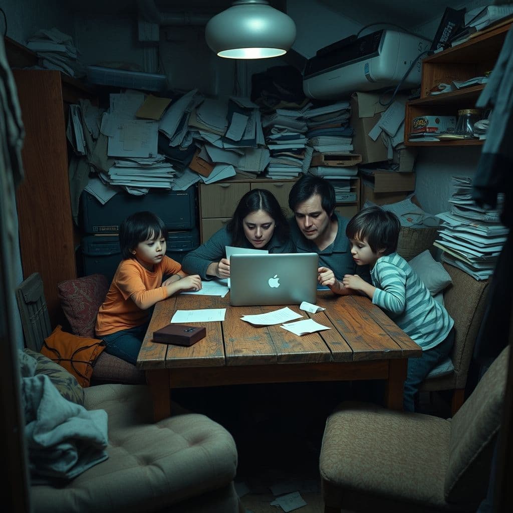 A family looking stressed while reviewing their finances on a laptop.