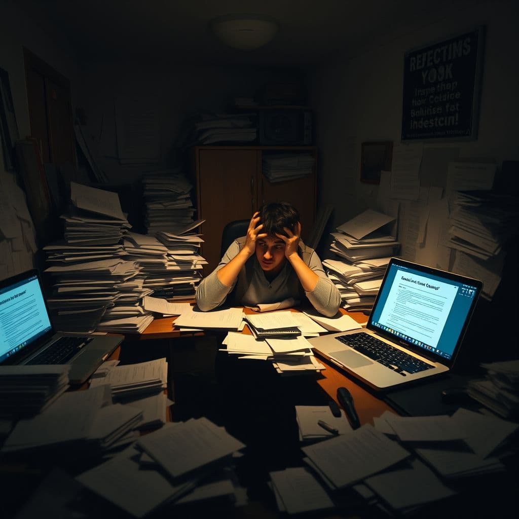 Overwhelmed professional surrounded by job applications and course materials.