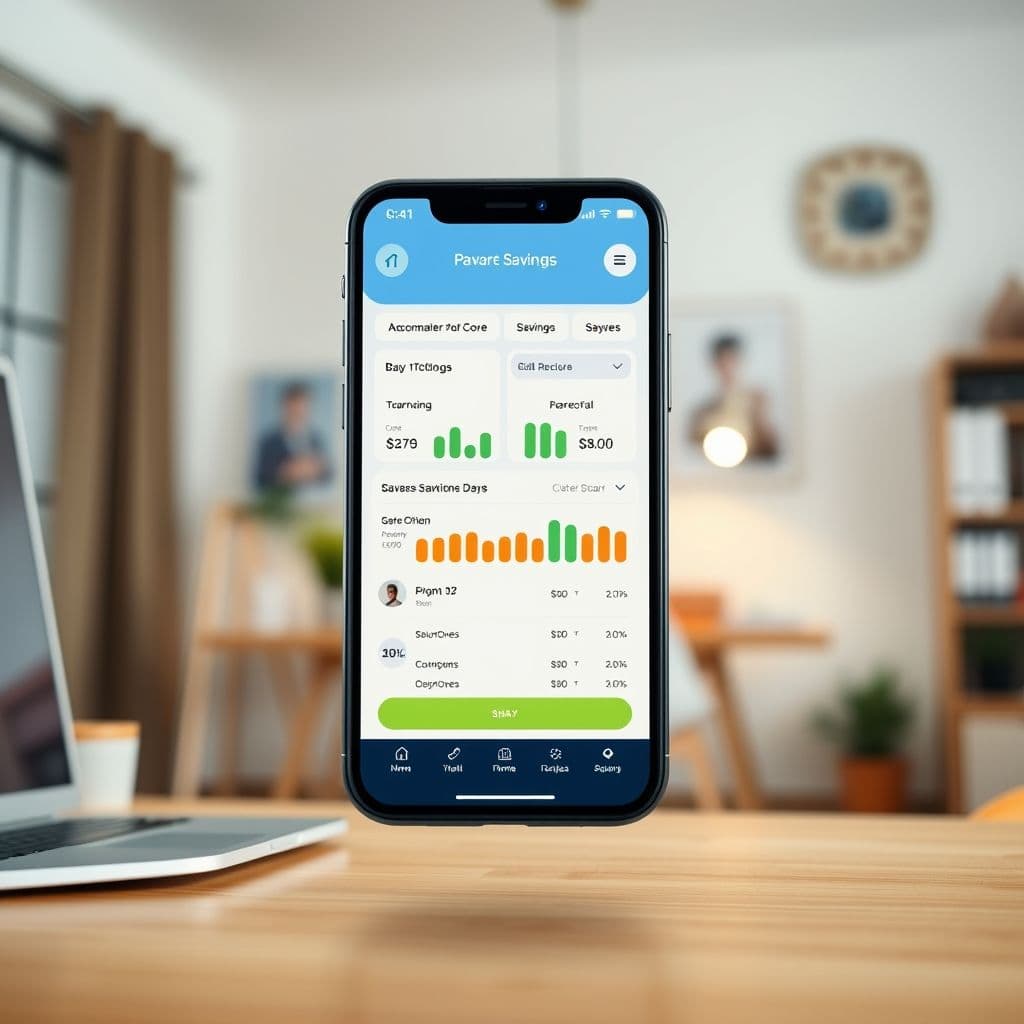 A mock-up of a sleek budgeting app dashboard showing personalized savings goals.