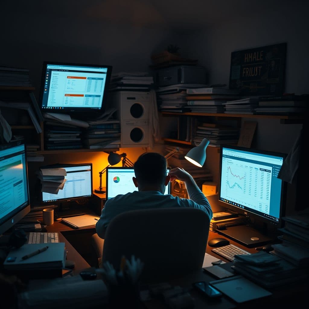 A frustrated freelancer searching for jobs online with a cluttered desk and multiple screens.