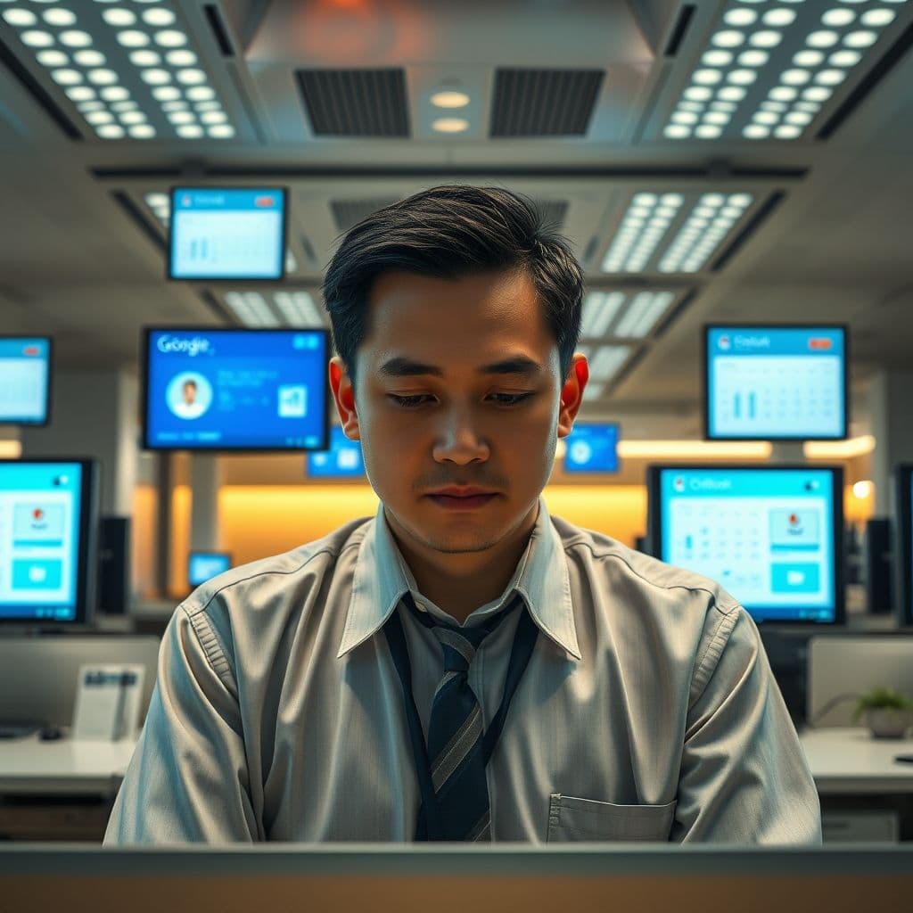 Frustrated professional struggling with multiple calendar apps on different devices.