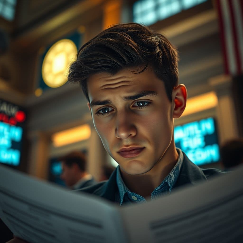 A frustrated person looking at financial documents with confusion.