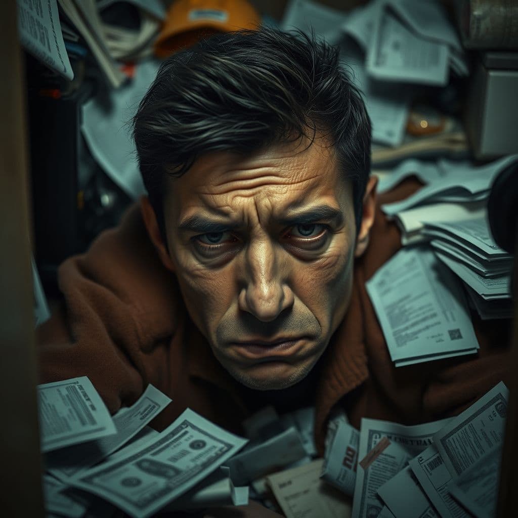 A person stressed over bills and financial documents on a table.