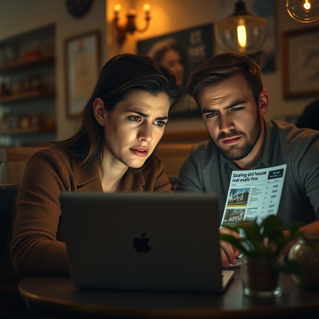 Frustrated homebuyer looking at a house price chart on a laptop.