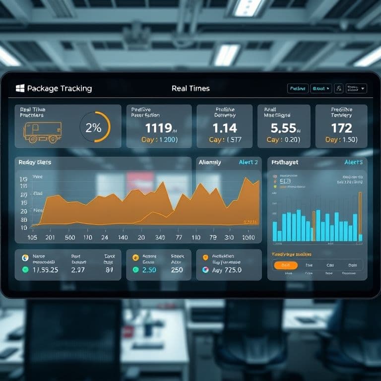 Conceptual interface of a package tracking dashboard showing multiple carriers and predictive analytics