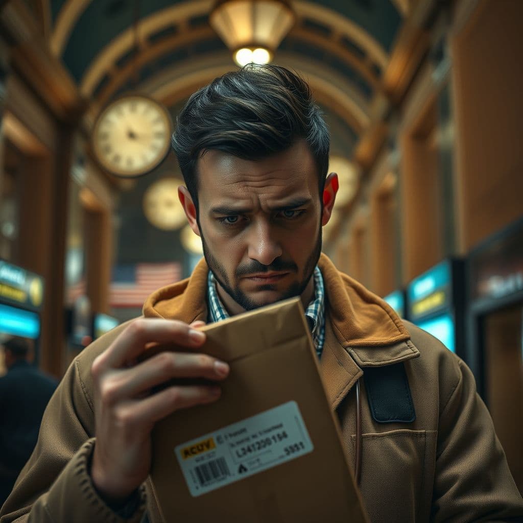 A frustrated small business owner holding a package with a return label, looking stressed.