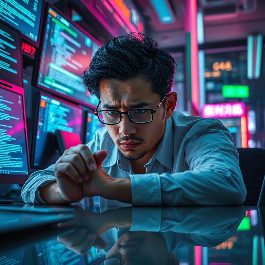 A frustrated professional overwhelmed by multiple tasks and distractions.