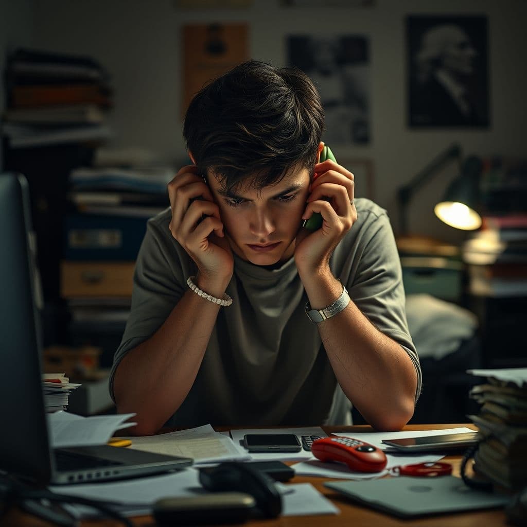 A stressed student overwhelmed by loan repayment calls and financial pressure.