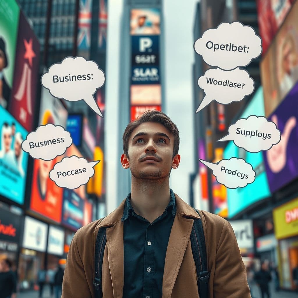 Entrepreneur surrounded by floating thought bubbles of different business ideas.