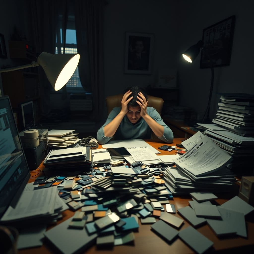 A cluttered desk with credit cards, bills, and a calculator, symbolizing financial stress.