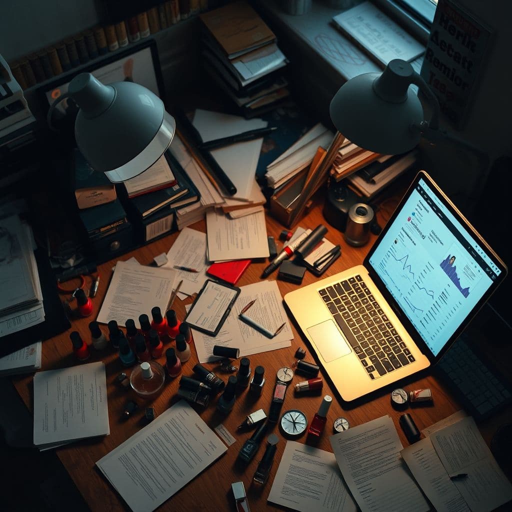 A cluttered workspace showing nail samples, business notes, and a stressed entrepreneur.