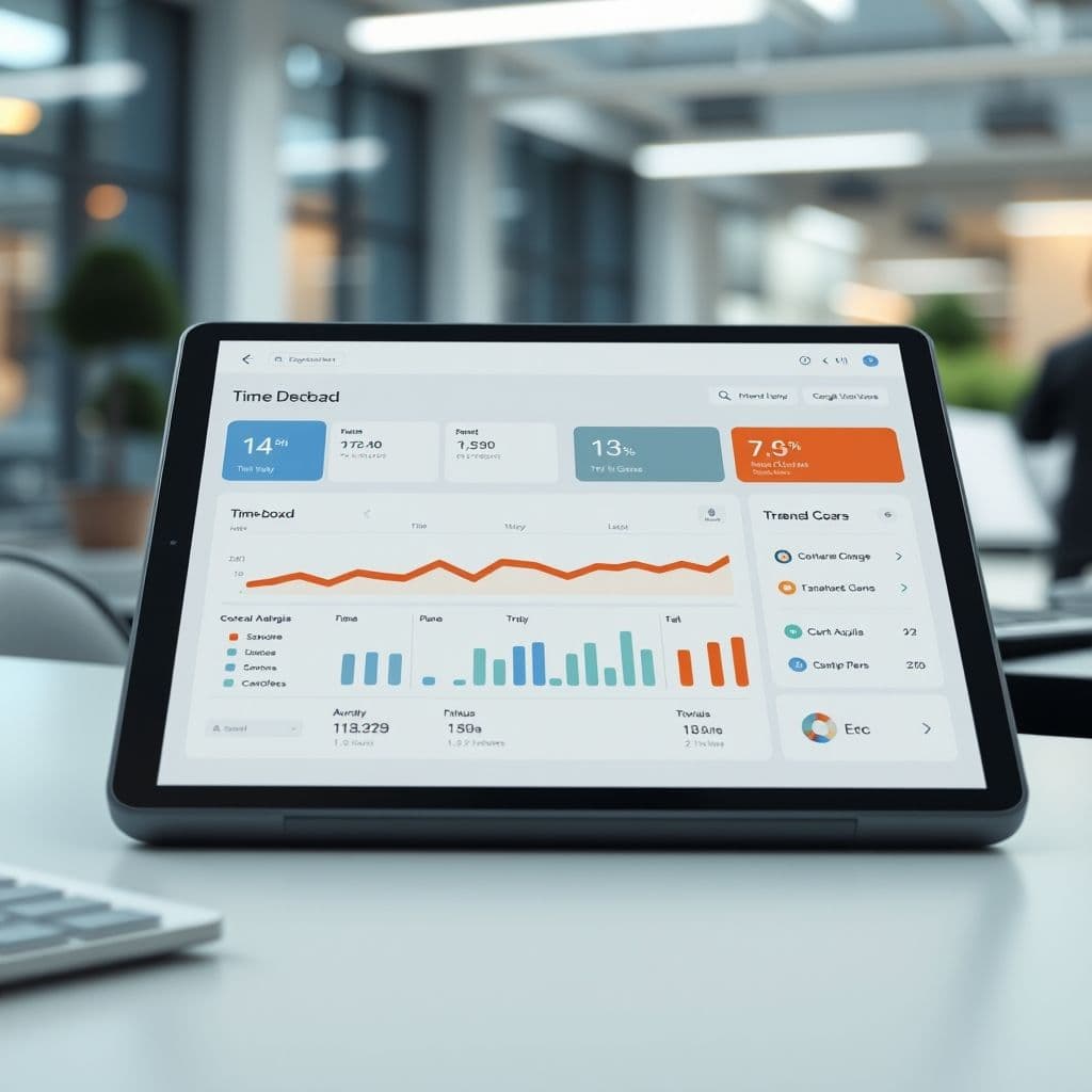 A sleek dashboard of a productivity app showing time boxing schedules and analytics.