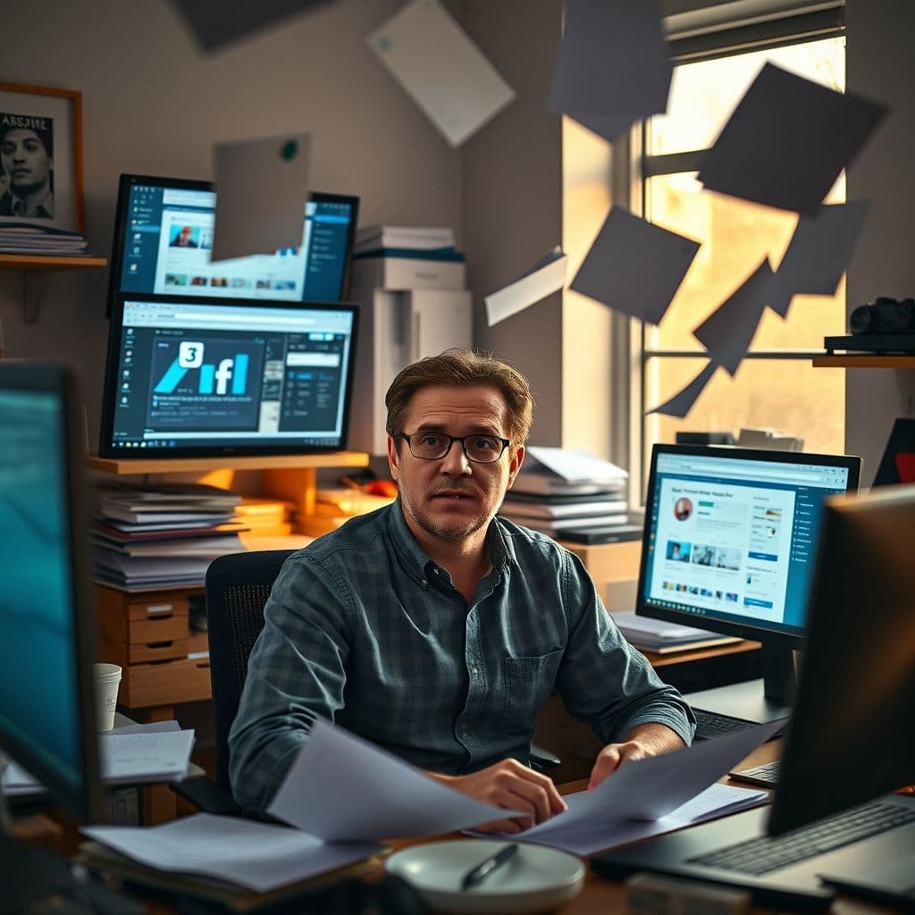 Overwhelmed small business owner surrounded by disjointed marketing tasks.