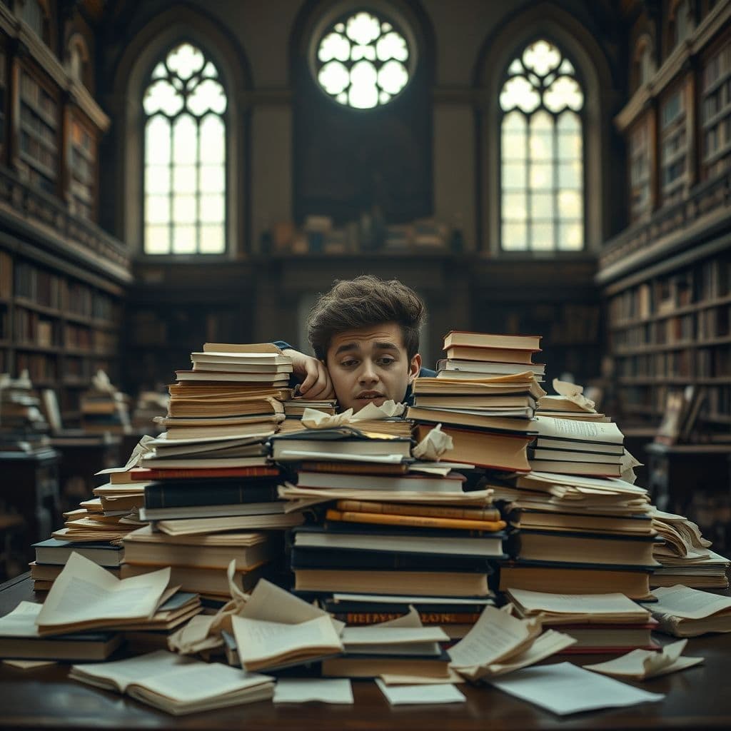 A student overwhelmed by disorganized study materials.