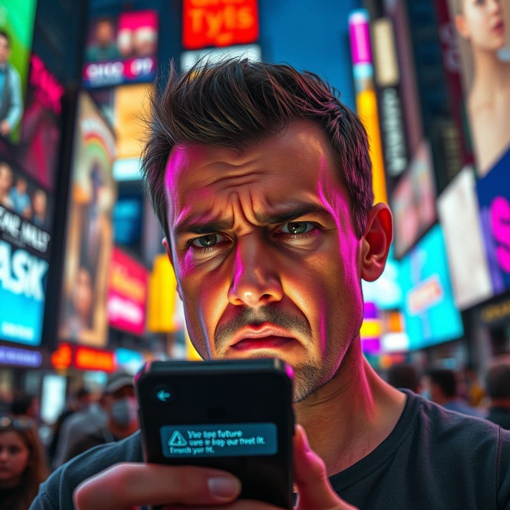 Frustrated user looking at a smartphone with a financial app error message.