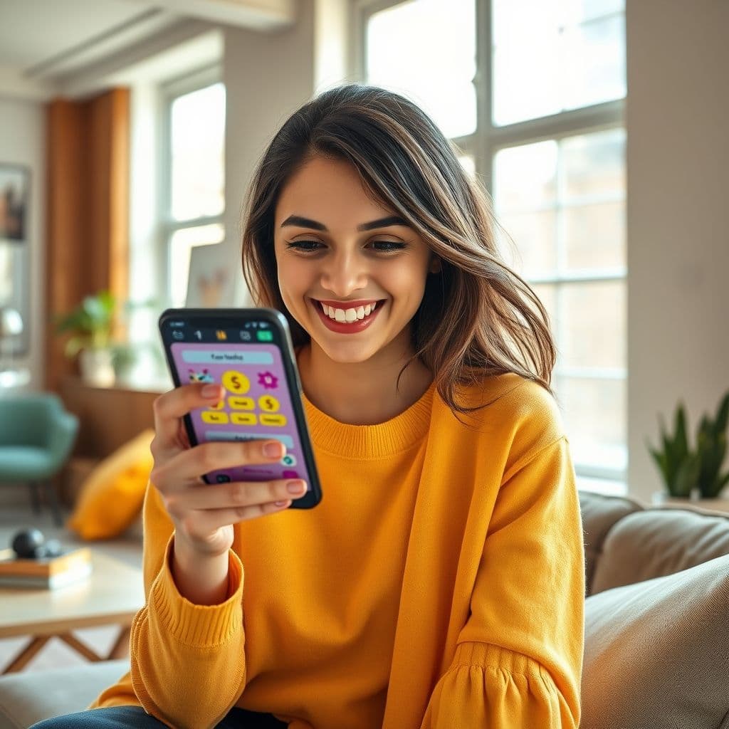 A woman happily checking her savings on a smartphone with a gamified finance app.