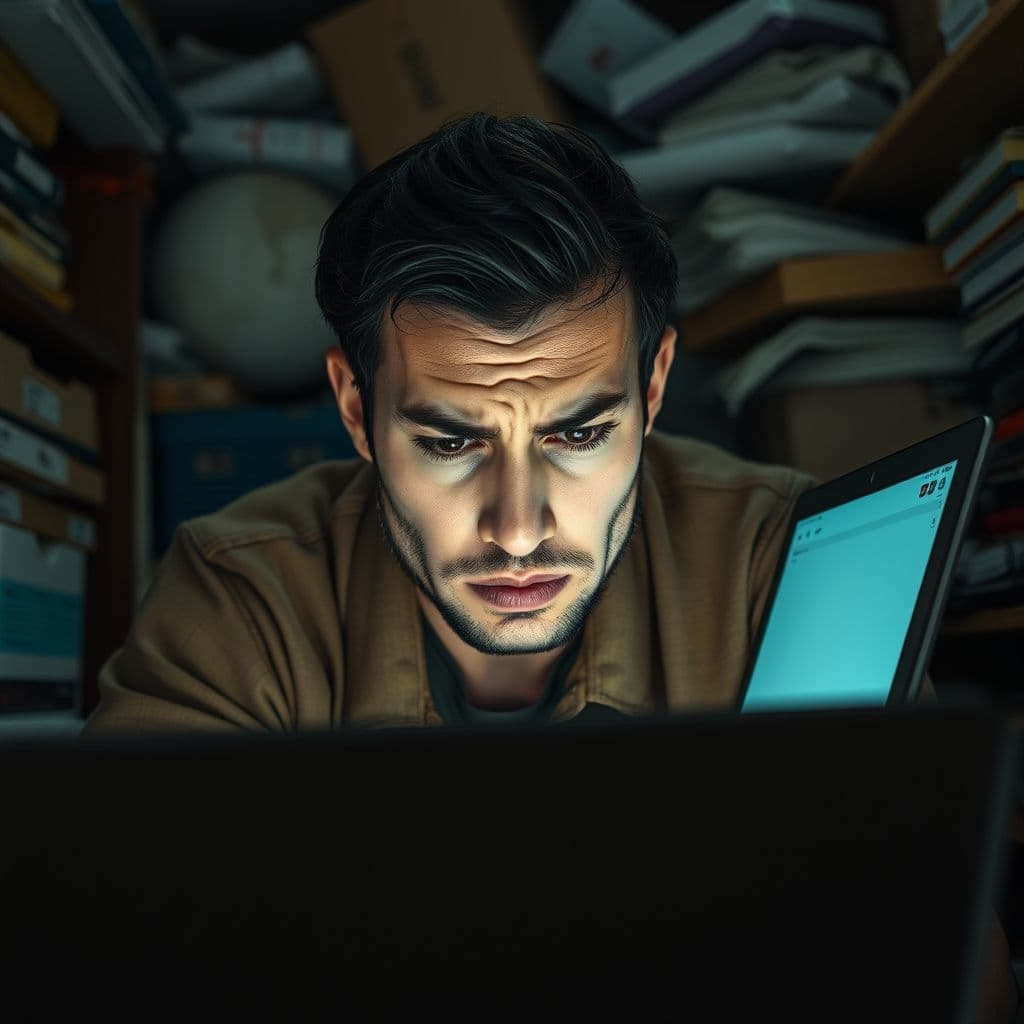 Frustrated Etsy seller looking at a laptop with low sales numbers.