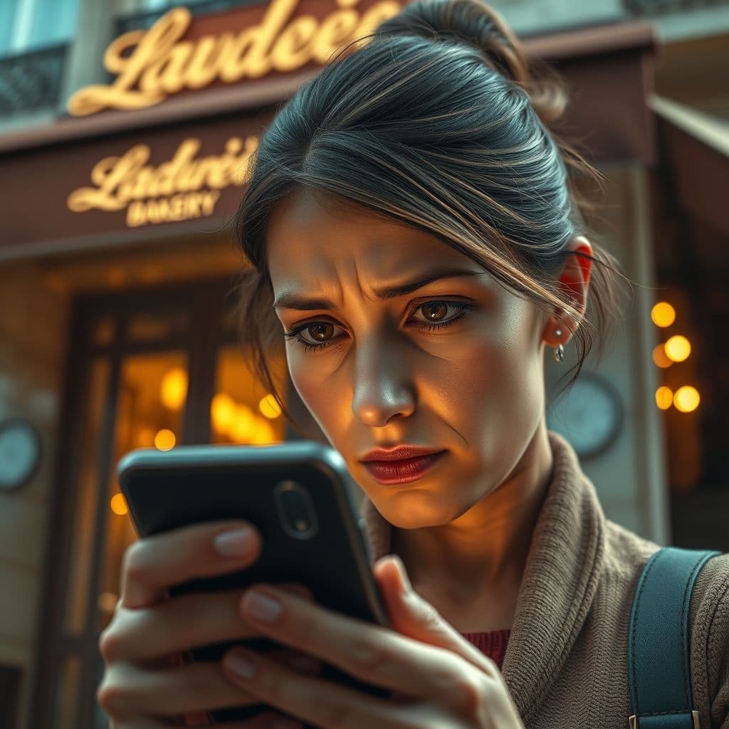 A pie shop owner frustrated by a negative review on a phone screen.