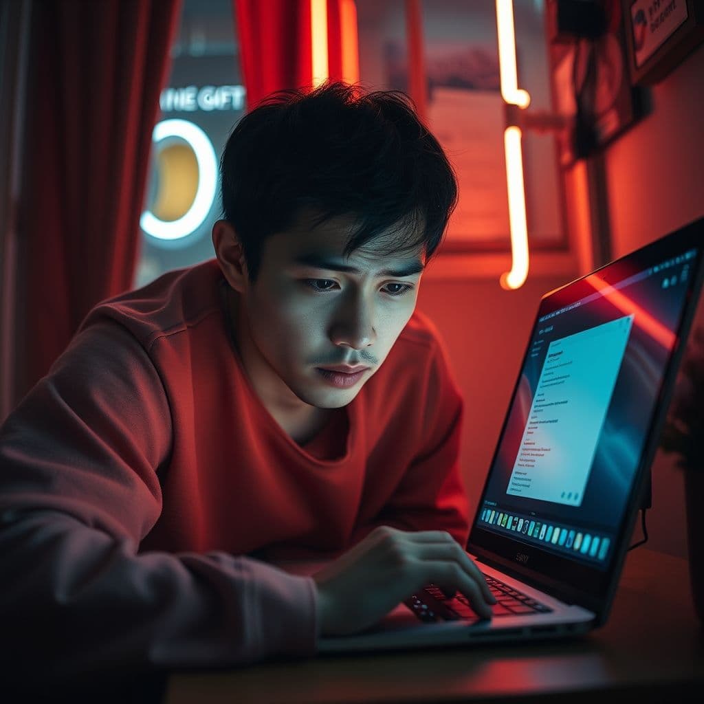 A frustrated user struggling with ChatGPT on a laptop.