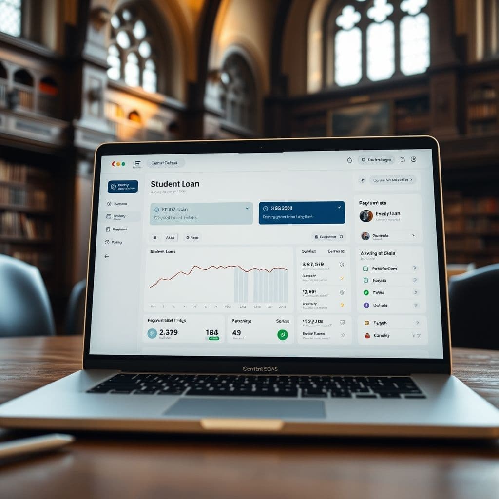 Conceptual interface of a student loan management SaaS dashboard.