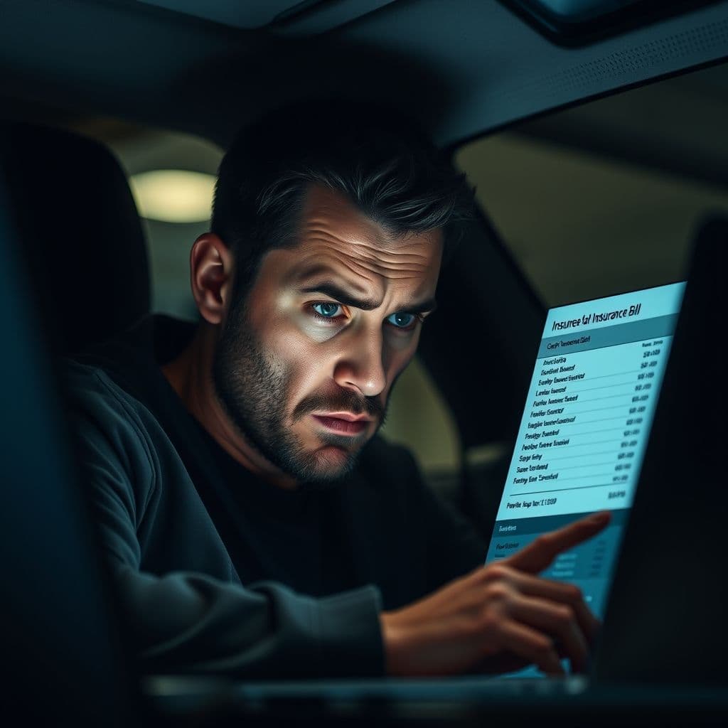 Frustrated driver looking at high car insurance bill on laptop.