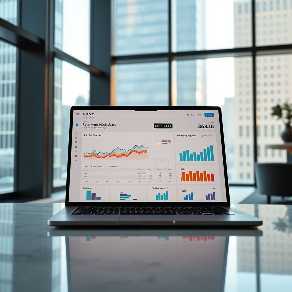 A futuristic dashboard showing retirement planning calculations with graphs and projections.