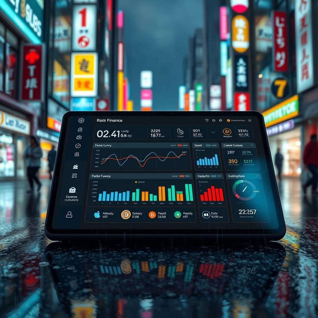 A futuristic personal finance dashboard showing multiple currencies and collaborative features.