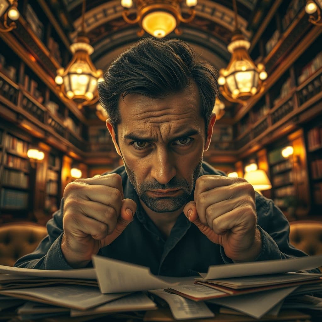 A frustrated small business owner looking at financial documents in an empty shop.