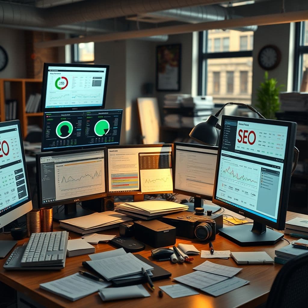 A cluttered desk with multiple monitors showing confusing SEO data.