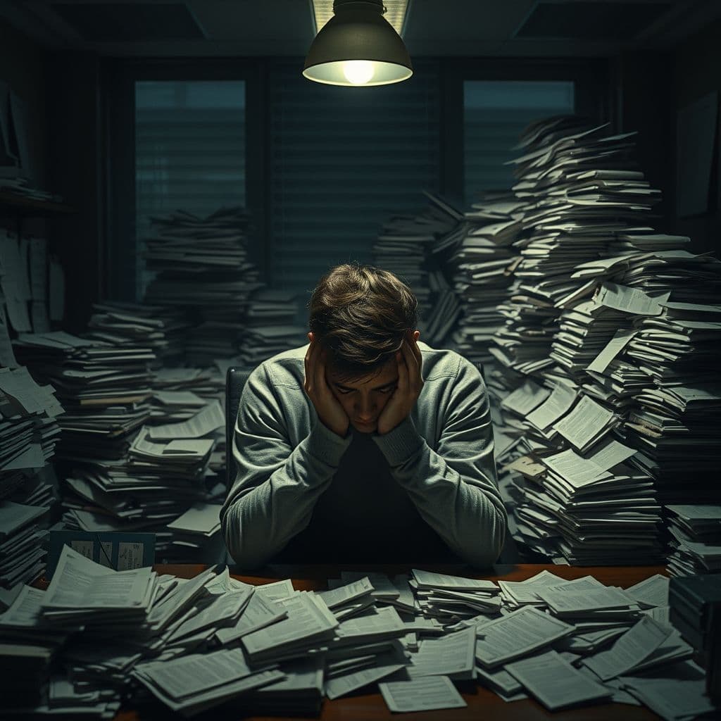 A person staring at a mountain of debt statements.