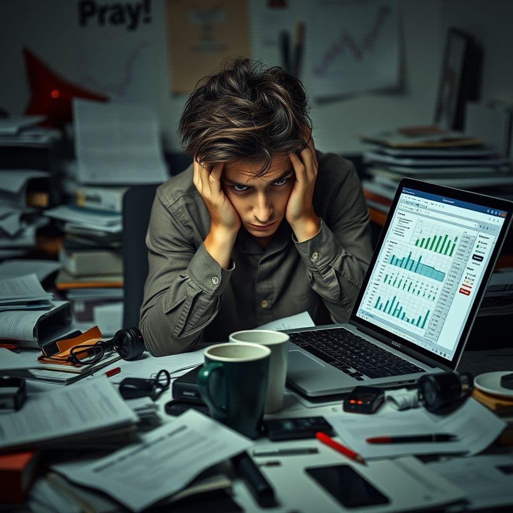 A frustrated entrepreneur sitting at a desk surrounded by paperwork and a laptop.