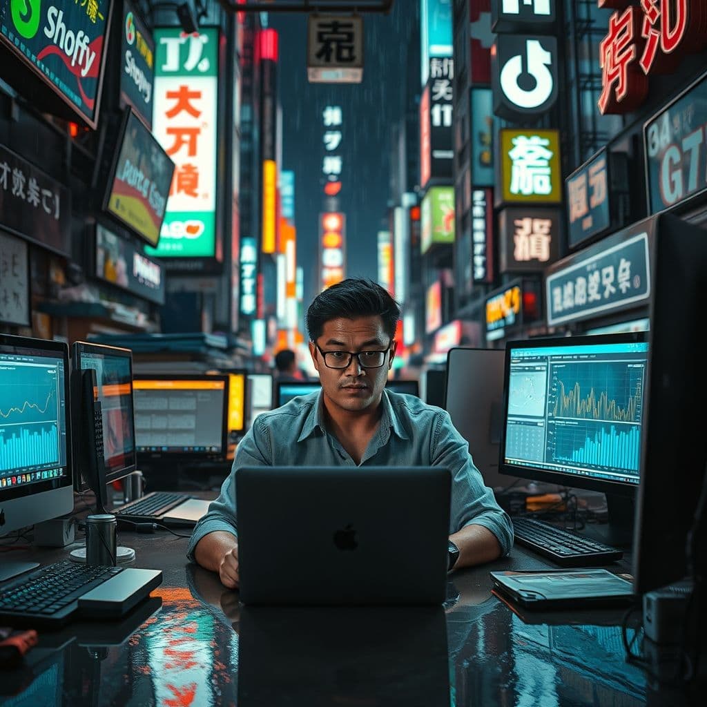 An overwhelmed entrepreneur surrounded by multiple screens and tasks.