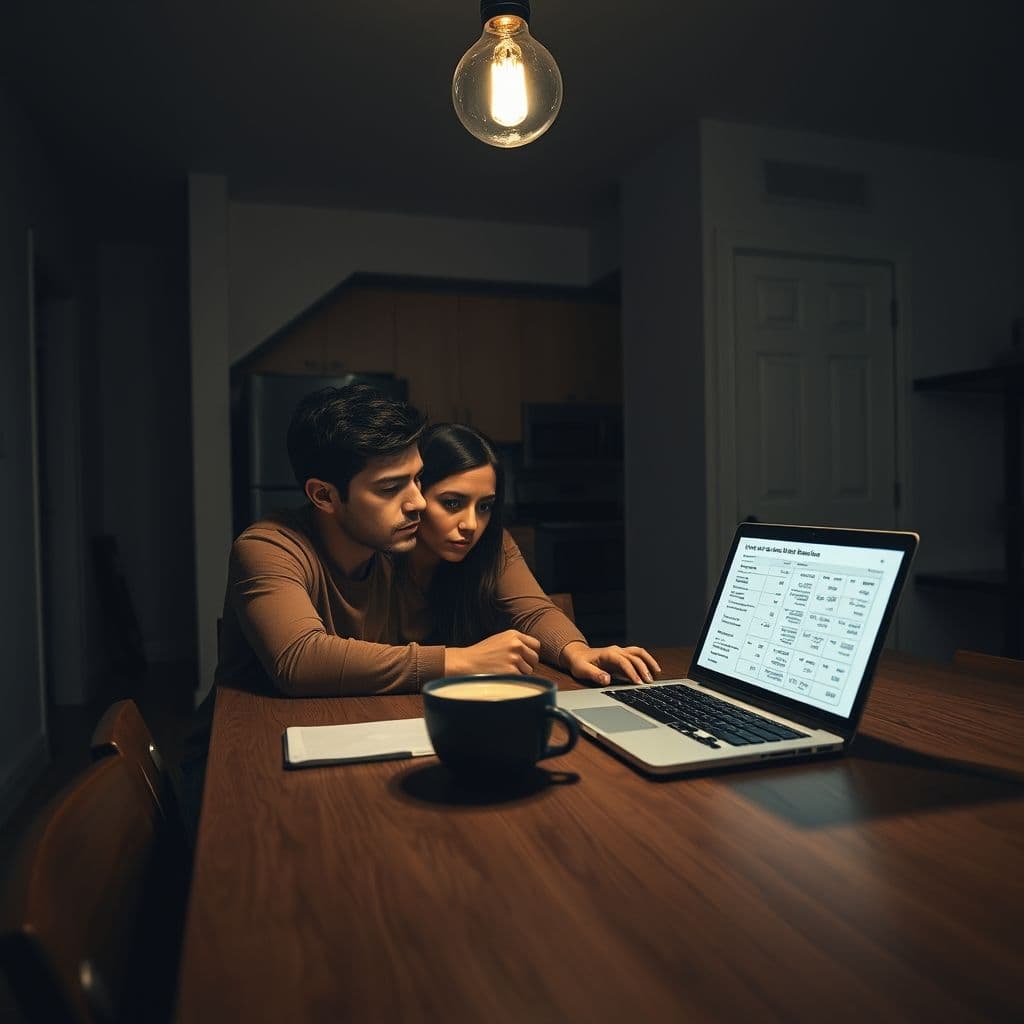 A stressed couple looking at their financial statements on a laptop.