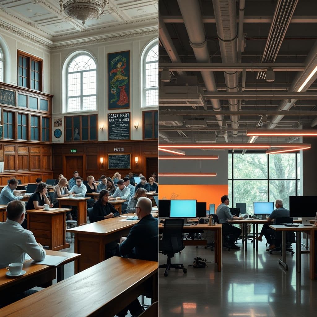 A comparison between traditional CS education and modern job requirements.