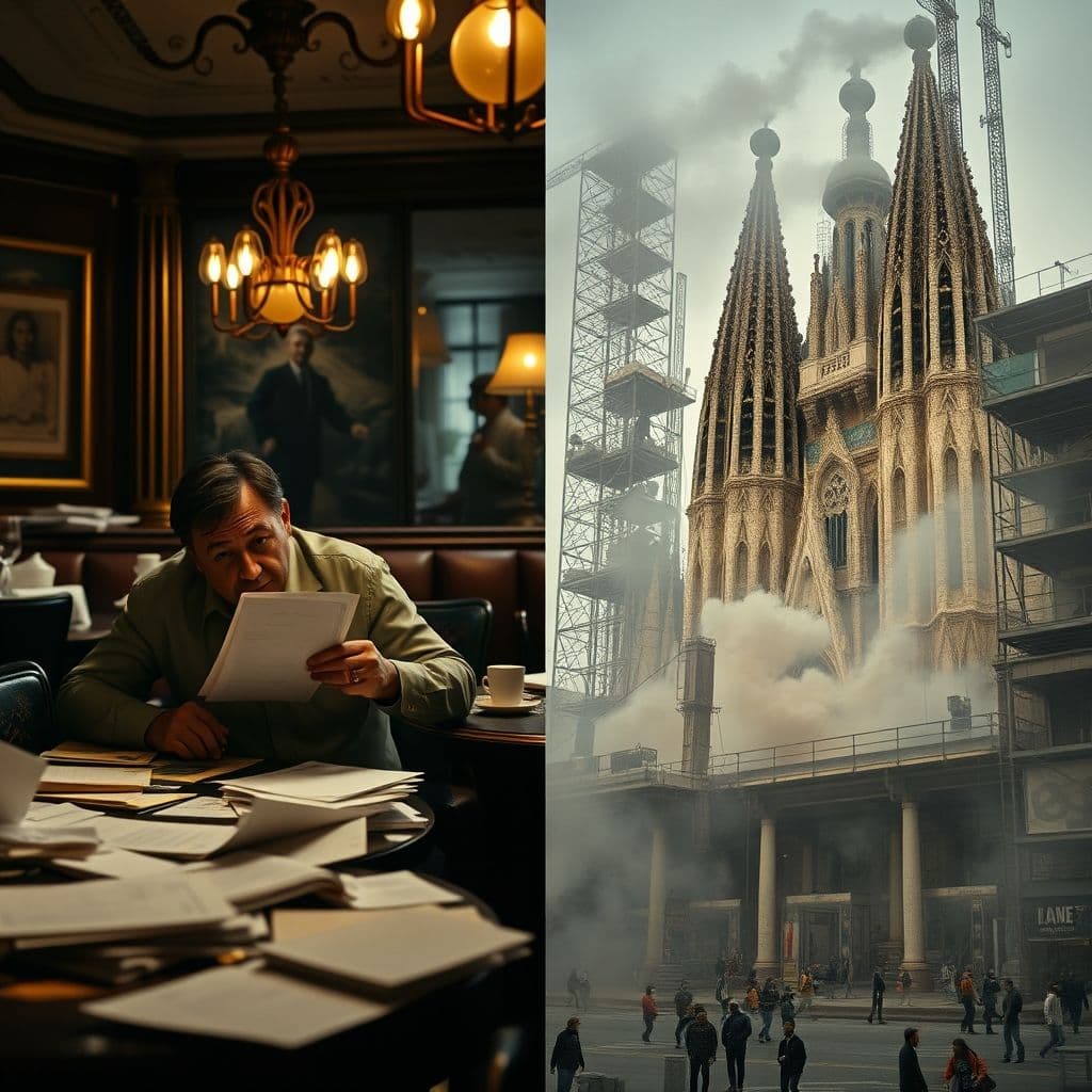 A restaurant owner overwhelmed by paperwork and a construction site with disorganized materials.