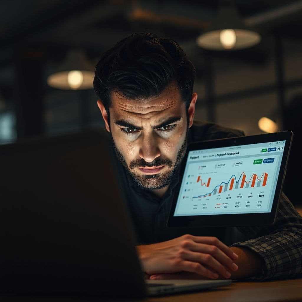 Frustrated entrepreneur struggling with print-on-demand store marketing.